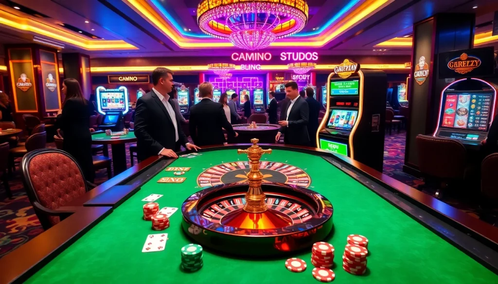 Experience the thrill of onicplay at a luxurious casino with vibrant gaming tables and slot machines.