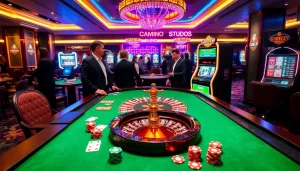 Experience the thrill of onicplay at a luxurious casino with vibrant gaming tables and slot machines.
