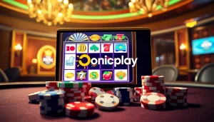 Play exciting slot games with Onicplay at a vibrant casino scene filled with chips and dice.