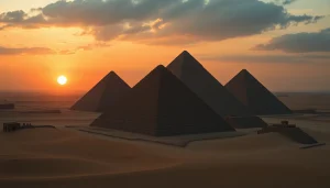 Explore the iconic piraminds of Egypt highlighted by a stunning sunset.
