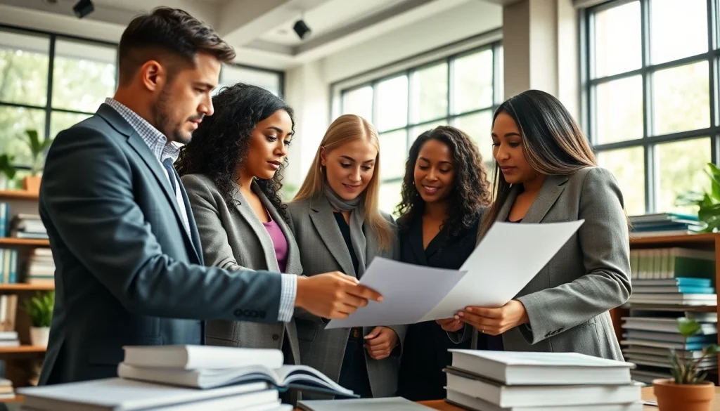 Environmental law firm team engaged in collaboration and legal consultation in a modern office.