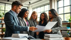 Environmental law firm team engaged in collaboration and legal consultation in a modern office.