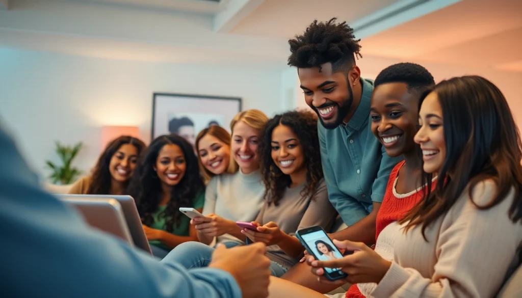 Search OnlyFans profiles on a digital interface with a diverse group enjoying the platform.