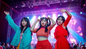 Blackpink members performing energetically on stage, showcasing their unique styles and vibrant personalities.