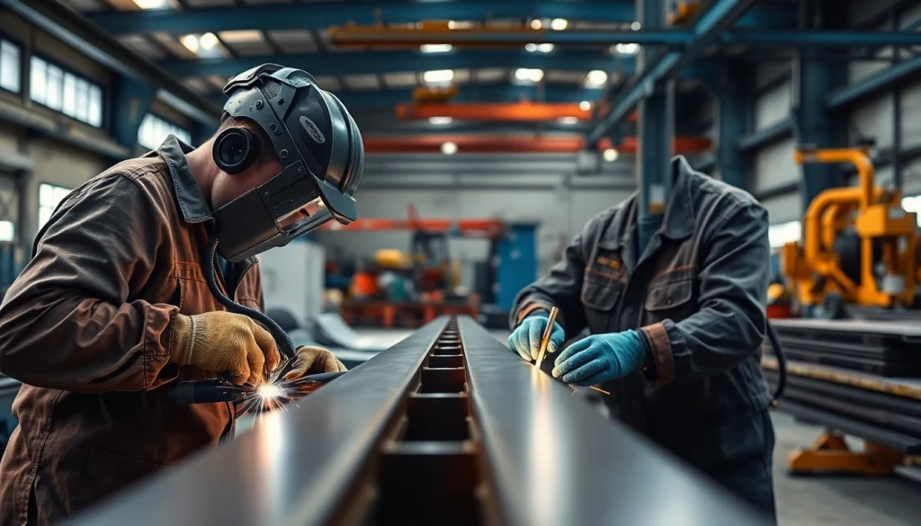 Custom steel fabrication showcasing skilled workers in an industrial workshop.