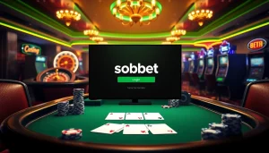 Sbobet login interface highlighted amidst a luxurious casino setting with cards, chips, and roulette.