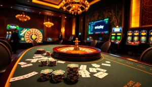 Experience the thrill of onicplay with vibrant casino visuals featuring poker tables, chips, and slots.