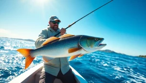 Angler practicing saltwater fly fishing, showcasing skill while casting on sunny waters.