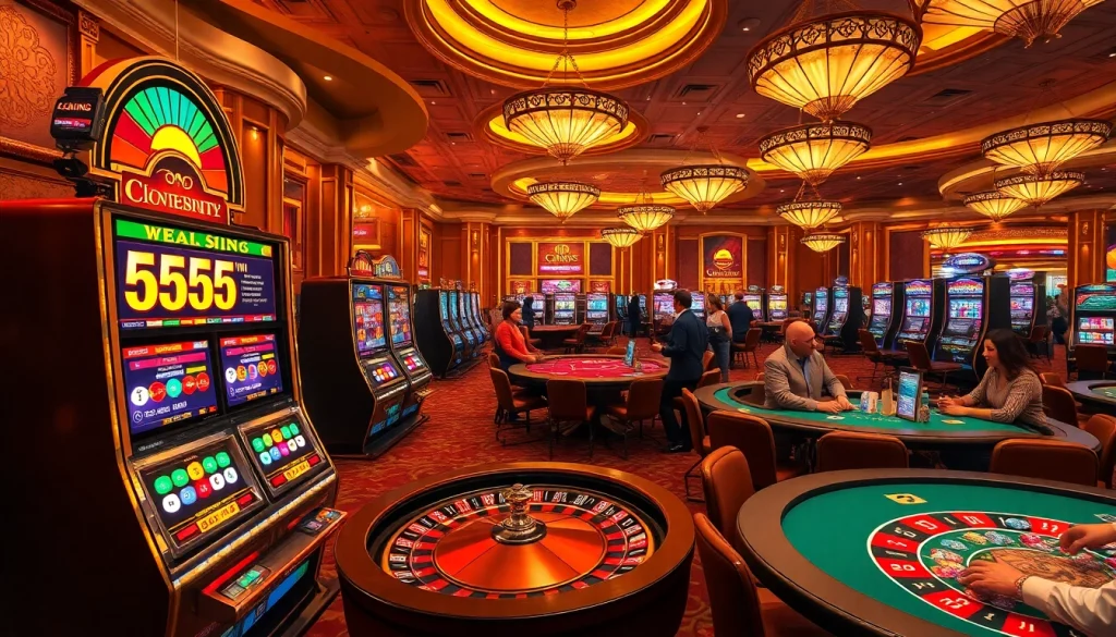 Exciting casino scene featuring "555 win" slot machines, vibrant roulette table, and intense poker action.