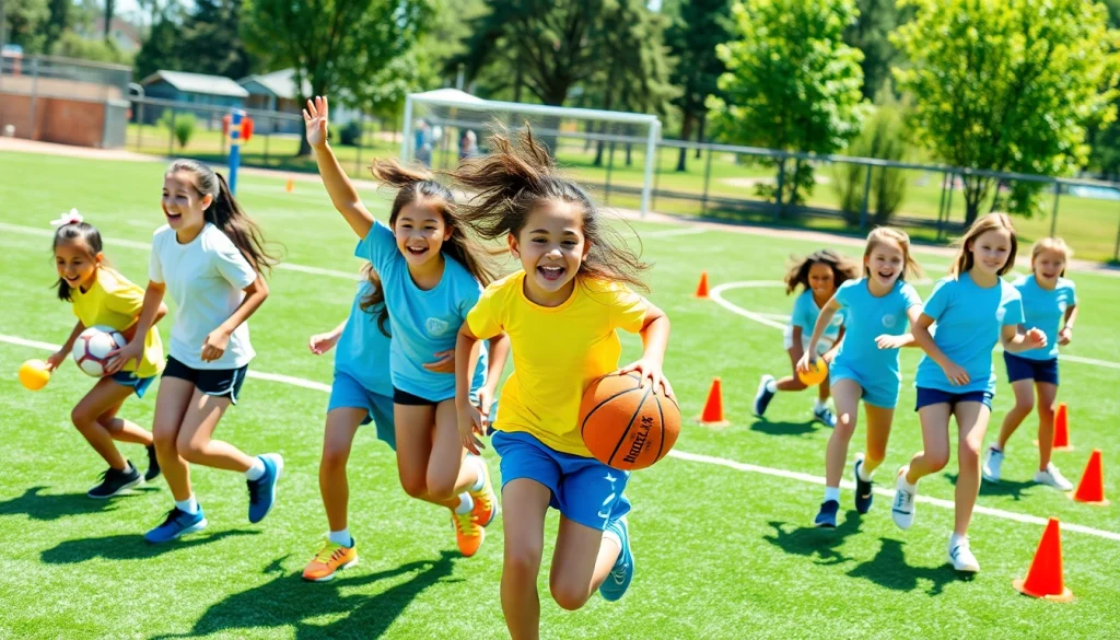 Girls participating in Multi Sports Camps for Girls, enjoying soccer and basketball in a lively outdoor setting.