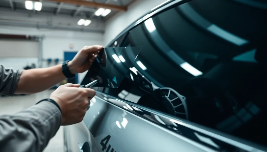 Apply auto window tint near me during professional installation in a modern garage.
