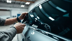 Apply auto window tint near me during professional installation in a modern garage.