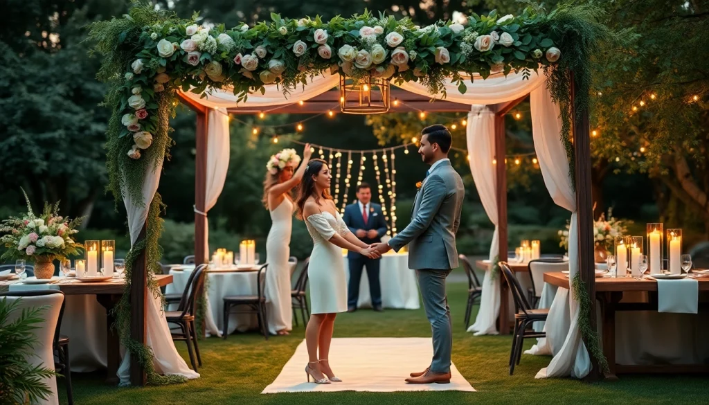 Newlyweds enjoying a romantic moment at Clarksburg Wedding Venues under a floral arbor.