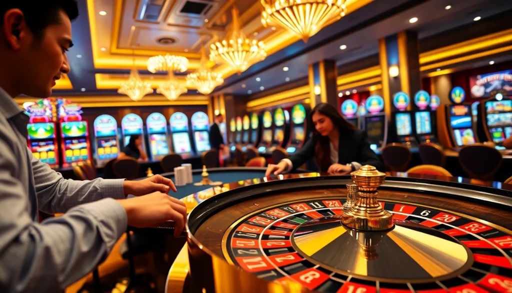 Exciting gameplay at trang chủ rr88 with players engaged at a roulette table in a vibrant casino.