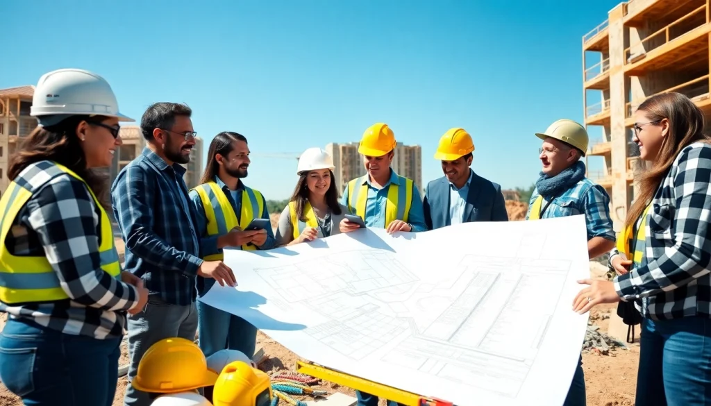 Construction advocacy in the Carolinas showcasing a collaborative meeting over a blueprint with diverse professionals.