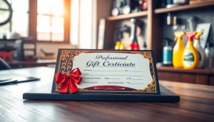 Presenting a car detailing gift certificate elegantly arranged on a stylish wooden desk.