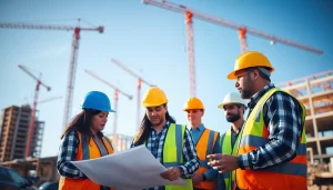 Team discussing Austin construction plans on a bustling job site with cranes.
