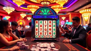 Spin the reels of the slot demo mahjong machine surrounded by a vibrant casino atmosphere.
