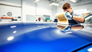 Ceramic coating near me application in a modern auto detailing setup with a technician at work.