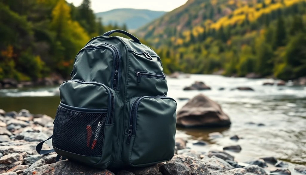 Fly fishing backpack displayed on rocky riverbank with a scenic backdrop.