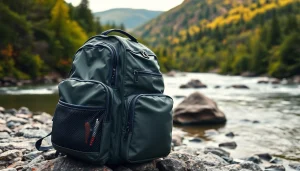 Fly fishing backpack displayed on rocky riverbank with a scenic backdrop.