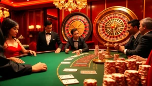 Experience the thrill at https:/nk88.us.com/ with a vibrant casino poker table scene featuring excited players.