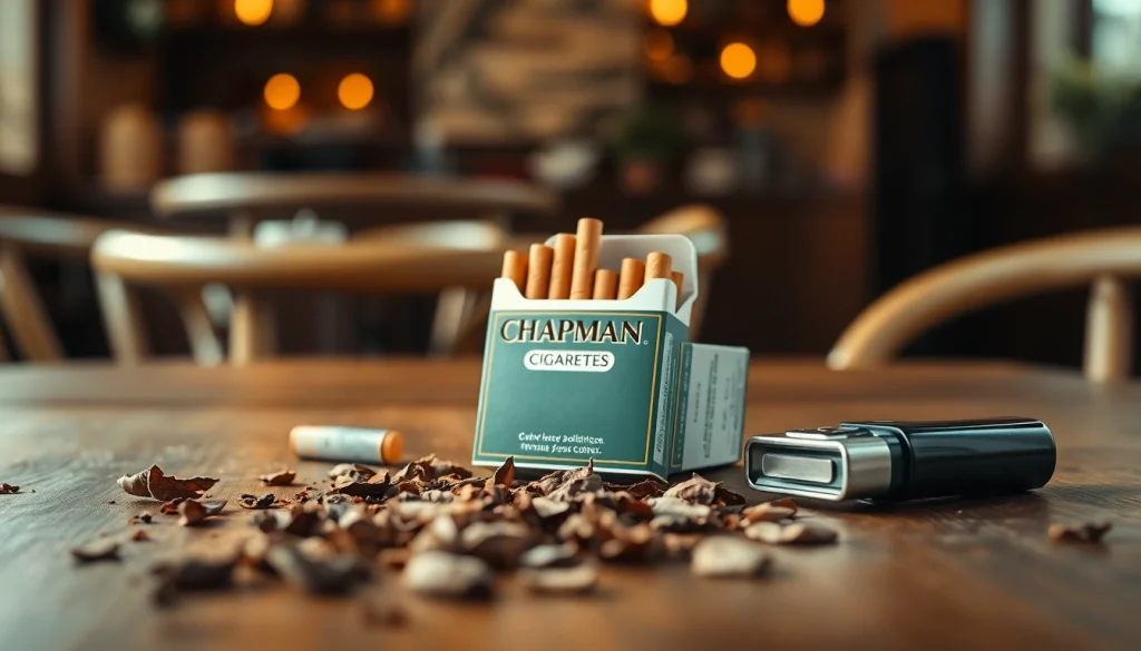 Showcase chapman cigarettes with a pack and tobacco leaves, enhancing a relaxed smoking vibe.