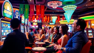 Mostbet onlayn oyunlar ilə fərqli slot maşınlarında oyun oynayan insanlar.