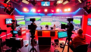 Streamlined sports broadcasting studio with hosts discussing live events and engaging audiences.
