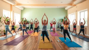 活気あるホットヨガスタジオで練習するウェルネス愛好者たち、ホットヨガおすすめの雰囲気を紹介。