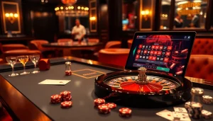 Une scène de casino dynamique mettant en avant les jeux en ligne avec la roulette et des bulletins de pari, mettant en lumière le casino en ligne Français.