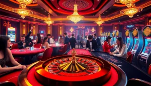 Engagement dans un environnement vibrant de 'casino en ligne Français', les joueurs aux tables de roulette et de poker.