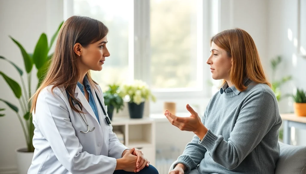 Analyzing anxiety symptoms in a serene therapy session with a therapist supporting a client.