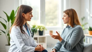 Analyzing anxiety symptoms in a serene therapy session with a therapist supporting a client.