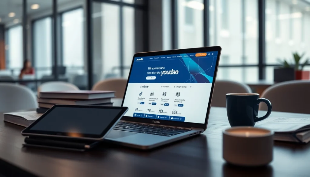 Youdao translation interface on a modern laptop in a professional workspace with language learning materials.