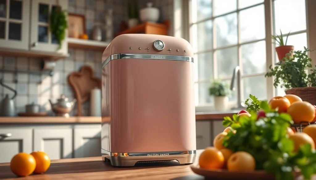 Showcasing a vibrant retro appliance in a nostalgic kitchen scene with fresh ingredients.