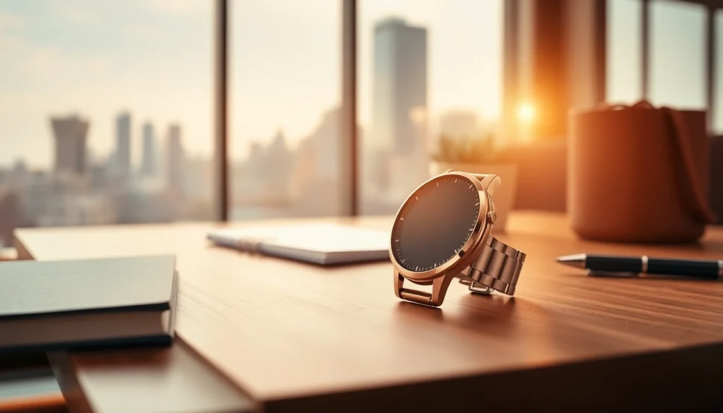 Finesse Smart Watch elegantly showcased on a stylish desk, illustrating modern sophistication.