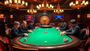 Ressentez l'excitation du casino en ligne Français avec des joueurs professionnels à une table de poker luxueuse.