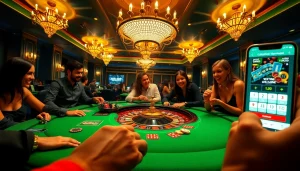 Scène excitante de casino en ligne Français avec des joueurs à une table de roulette illustrant le frisson des gains rapides.