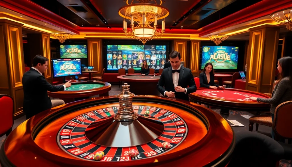 Découvrez l'excitation du casino en ligne Français avec des joueurs d'élite à une table de roulette luxueuse.