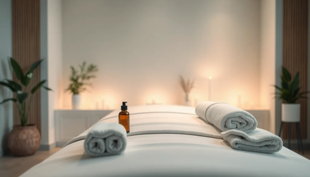 편안한 분위기의 마사지 치료실, 에센셜 오일과 부드러운 조명이 특징입니다.