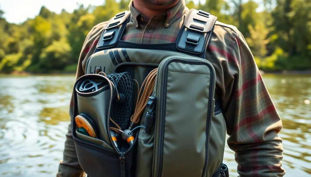 Angler showcasing fly fishing chest pack while fishing in a serene river environment.