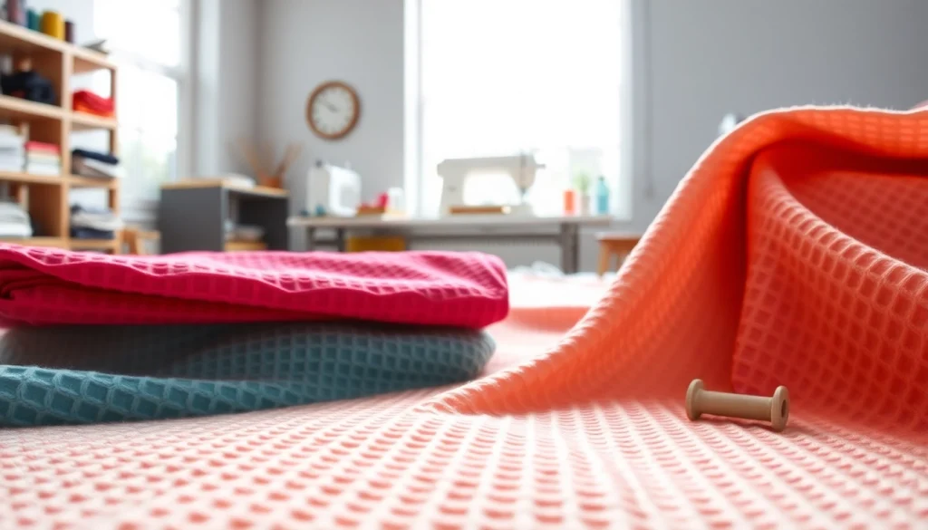 Wafeldoek met levendige kleuren en textuur in een naaiatelier met natuurlijk licht.