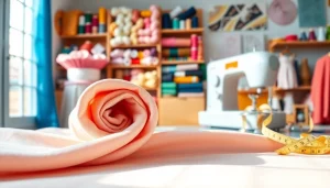 Een roll zachte stof voor kleding ligt in een naaiatelier, omgeven door kleurrijke materialen en gereedschappen.
