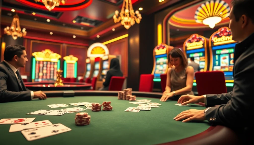 Scène captivante de jeu en ligne de luxe dans un casino en ligne Français avec des jetons de poker et une roulette.