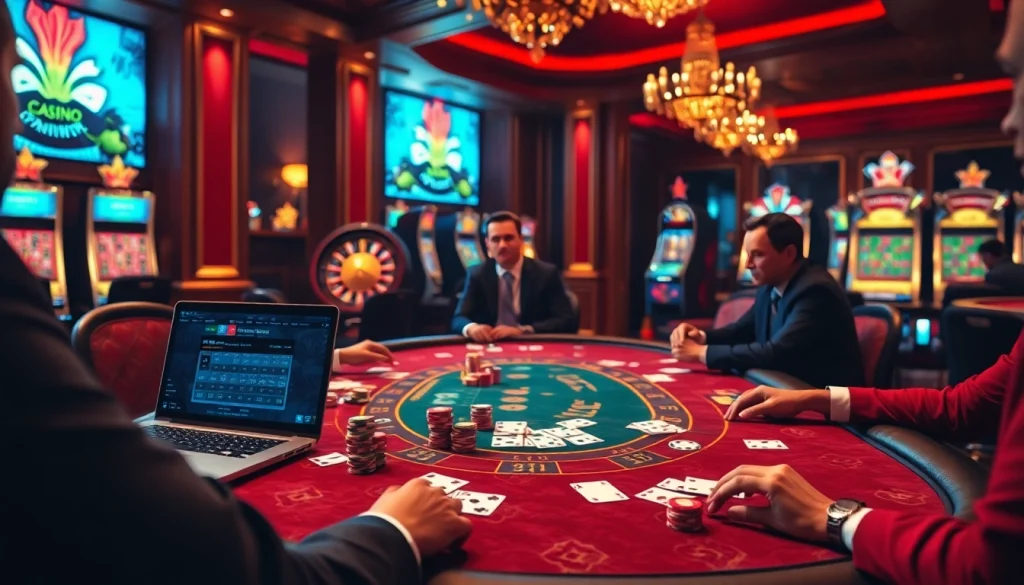 Vivez l'excitation des enjeux élevés dans un casino en ligne Français luxueux avec une action de poker et des jetons vibrants.