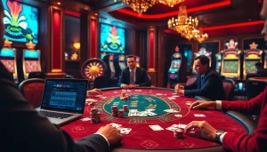 Vivez l'excitation des enjeux élevés dans un casino en ligne Français luxueux avec une action de poker et des jetons vibrants.