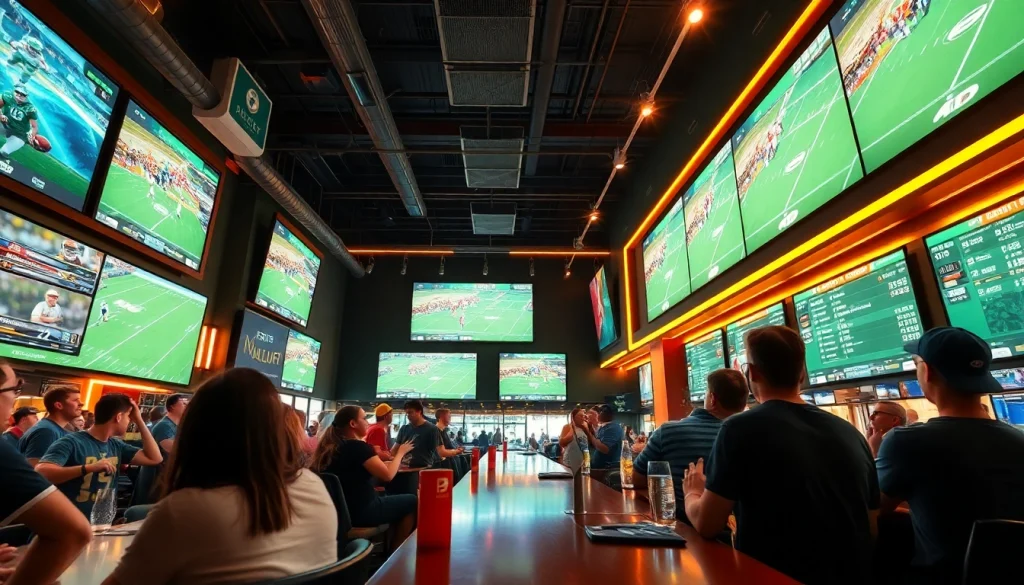 Exciting sports betting scene at 토토스토리 sports bar with fans engaged in live events.