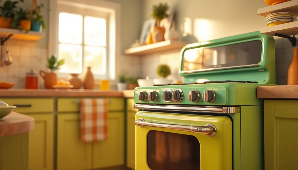 Retro Oven featuring a glossy pastel finish in a charming kitchen setting.