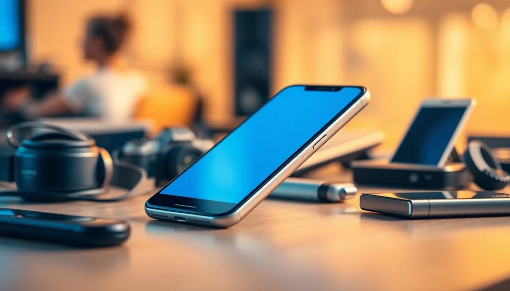 Smartfon drożeją smartfony w nowoczesnym otoczeniu, eksponujący jego cechy.